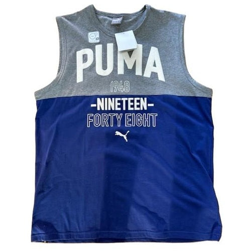 Gray and blue sleeveless Puma shirt with branding on a white background